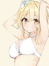  1girl alternate_costume armpits arms_up bikini blonde_hair breasts cleavage clenched_teeth commentary_request flower genshin_impact grin hair_between_eyes hair_flower hair_ornament highres large_breasts looking_at_viewer lumine_(genshin_impact) orange_eyes short_hair_with_long_locks sidelocks simple_background smile solo swimsuit teeth ukitaryu upper_body white_bikini white_flower yellow_background  rating:Sensitive score:19 user:danbooru