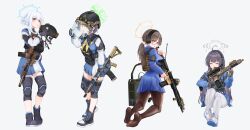  4girls =_= absurdres ahoge alternate_hairstyle ammunition_pouch ar-15 arm_armor assault_rifle black_footwear black_gloves black_hair black_hat black_pantyhose blue_archive blue_halo blue_sailor_collar blue_serafuku blue_skirt blue_sweater blush boots breasts brown_eyes brown_hair bulletproof_vest clov3r ear_protection earphones flashlight flustered foregrip full_body glasses gloves green_eyes green_halo grey_hair grey_halo gun hair_between_eyes halo hard_hat hat headphones helmet highres holding holding_clothes holding_gun holding_hat holding_weapon knee_pads large_breasts laser_sight long_hair long_sleeves magazine_(weapon) miyako_(blue_archive) miyu_(blue_archive) moe_(blue_archive) multiple_girls neckerchief no_shoes noveske_rifleworks on_floor open_mouth optical_sight pantyhose pink_neckerchief pleated_skirt pouch purple_eyes purple_hair rabbit_platoon_(blue_archive) radio rifle round_eyewear sailor_collar saki_(blue_archive) school_uniform scope serafuku short_hair simple_background single_knee_pad sitting skirt soles sweater toes tongue tongue_out twintails two-tone_skirt unworn_hat unworn_headwear weapon white_background white_pantyhose white_sailor_collar white_skirt white_sneakers yellow_halo yellow_neckerchief 