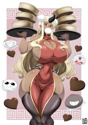  1girl bare_shoulders black_thighhighs blonde_hair breasts chinese_clothes cleavage_cutout clothing_cutout cowboy_shot dark-skinned_female dark_skin dress food horns huge_breasts long_hair monster_musume_no_iru_nichijou mouth_hold pointy_ears purple_background red_dress red_eyes revealing_clothes sideboob single_horn skindentation solo standing thighhighs tionishia tray virusotaku  rating:Questionable score:6 user:DarkToonLink