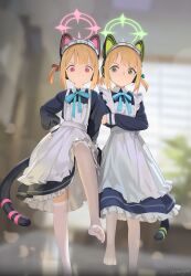  2girls absurdres animal_ear_headphones animal_ears apron black_dress blonde_hair blue_archive cat_tail closed_mouth dress fake_animal_ears frilled_apron frills green_eyes green_halo halo headphones highres loli long_sleeves looking_at_viewer maid_apron midori_(blue_archive) midori_(maid)_(blue_archive) momoi_(blue_archive) momoi_(maid)_(blue_archive) multiple_girls official_alternate_costume pantyhose pink_halo red_eyes short_hair siblings sisters smile soles tail toes twins twitter_username white_apron white_pantyhose youyueyue youyueyuee 