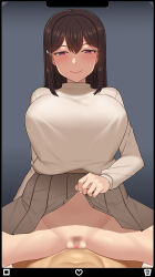  1boy 1girl blush breasts brown_hair censored closed_mouth cowgirl_position fake_phone_screenshot fake_screenshot female_pubic_hair girl_on_top grey_skirt hair_ornament hairclip hetero highres large_breasts lifting_own_clothes long_hair long_sleeves mosaic_censoring nt00 original pubic_hair purple_eyes sex skirt smile straddling sweater white_sweater yumi_(nt00) 