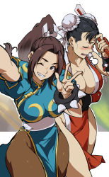  2girls puff_of_air absurdres arm_guards blush bracelet breasts brown_eyes brown_hair brown_legwear bun_cover capcom china_dress chinese_clothes chun-li chun-li_(cosplay) cleavage commentary_request cosplay costume_switch crossover double_bun dress closed_eyes female_focus folded_fan folding_fan friends grin hair_bun hand_fan hand_on_own_head high_ponytail highres holding holding_fan jewelry koda1ra large_breasts long_hair looking_at_viewer matching_hair/eyes multiple_girls ninja one_eye_closed pantyhose peace_symbol pelvic_curtain ponytail revealing_clothes sash shiranui_mai shiranui_mai_(cosplay) shy smile snk spiked_bracelet spikes street_fighter the_king_of_fighters thick_thighs thighs unsure v wink  rating:Questionable score:71 user:danbooru