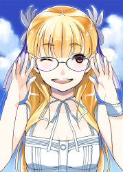  1girl blonde_hair breasts cover cover_page glasses hair_ornament long_hair open_mouth original red_eyes solo takatou_suzunosuke 