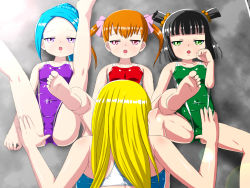  4girls age_difference aimerluna barefoot black_hair blonde_hair blue_hair blue_one-piece_swimsuit blush brown_hair competition_swimsuit feet female_focus from_behind full_body green_eyes green_one-piece_swimsuit highres implied_cunnilingus legs_up loli looking_at_viewer medium_hair multiple_girls one-piece_swimsuit onee-loli open_mouth original purple_eyes purple_one-piece_swimsuit red_eyes red_one-piece_swimsuit soles spread_legs swimsuit toes yuri  rating:Explicit score:76 user:FabricioDias