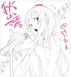  00s 1girl akiyama_mio don&#039;t_say_&quot;lazy&quot; female_focus greyscale k-on! microphone microphone_stand monochrome musical_note solo spot_color yamamoto_enji 