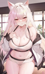  1girl :t animal_ear_fluff animal_ears blush breasts cleavage closed_mouth coat collarbone commentary crossed_bangs gym_uniform hair_between_eyes highres indoors large_breasts long_hair long_sleeves looking_at_viewer mole mole_under_eye nanoda002_(saber427) navel original pout red_eyes short_shorts shorts sidelocks sports_bra standing sweat thighs very_long_hair white_coat white_hair white_shorts white_sports_bra window wooden_floor 