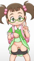  1girl black_eyes brown_hair cleft_of_venus clothes_lift glasses groin hair_bobbles hair_ornament lasto lifted_by_self loli original panties panty_pull pussy short_twintails skirt skirt_lift smile solo twintails underwear v white_background  rating:Explicit score:180 user:danbooru