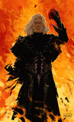 1boy arm_up black_robe commentary commission crazy_eyes english_commentary evil_smile fiery_background final_fantasy final_fantasy_xiv fire half_mask highres holding holding_mask lahabrea long_hair looking_at_viewer male_focus mask nipuni red_mask robe shoulder_spikes smile solo spikes white_eyes white_hair 