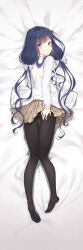  1girl 3000_xiao_chun absurdres adagaki_aki black_hair black_pantyhose blue_eyes blush dakimakura_(medium) dakimakura_cover feet full_body highres long_hair long_legs looking_at_viewer low_twintails lying masamune-kun_no_revenge no_shoes on_stomach pantyhose plaid_clothes plaid_skirt school_uniform skirt soles twintails  rating:Sensitive score:9 user:chicorytree