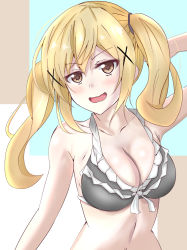  10s 1girl arm_behind_head arm_up bang_dream! bare_shoulders bikini blonde_hair blush breasts brown_eyes cleavage frills grey_bikini hair_ornament highres ichigaya_arisa large_breasts long_hair looking_at_viewer moppy_oekaki navel open_mouth smile solo standing swimsuit twintails upper_body wavy_mouth x_hair_ornament 