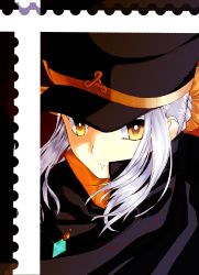 1girl absurdres black_hat closed_mouth commentary_request expressionless fumika hat highres itanoma long_hair looking_at_viewer shako_cap shigofumi solo split_mouth yellow_eyes