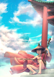  1boy absurdres architecture bare_pectorals blue_sky cloud cloudy_sky day east_asian_architecture erhu hat highres instrument japanese_clothes kimono lute_(instrument) male_focus music original outdoors pectorals penis playing_instrument sandals shota sitting sky small_penis solo solo_focus sun testicles wangdangle  rating:Explicit score:58 user:danbooru