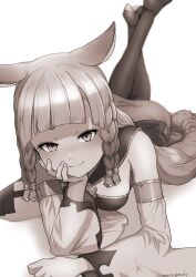  1girl animal_ears armlet bare_shoulders blunt_bangs braid breasts detached_sleeves dress erune eyeliner fox_ears granblue_fantasy greyscale highres long_hair looking_at_viewer lying makeup monochrome nosuku on_stomach pholia short_eyebrows side_braids small_breasts smile solo thighhighs very_long_hair wide_sleeves 