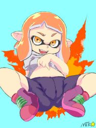  1girl bike_shorts breasts cameltoe clothes_lift fangs gluteal_fold groin_tendon inkling_player_character loli looking_at_viewer lying nintendo open_mouth orange_eyes recolored sharp_teeth shirt_lift short_hair shorts shows small_breasts smile solo splatoon_(series) splatoon_2 spread_legs teeth tentacle_hair  rating:Questionable score:21 user:Nikakoku