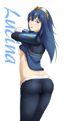  1girl armor ass back backboob blue_eyes blue_hair blush breasts clothes_pull dimples_of_venus fire_emblem fire_emblem_awakening from_behind gloves long_hair looking_at_viewer looking_back lucina_(fire_emblem) matching_hair/eyes nintendo open_mouth panties pants pants_pull parted_lips sideboob skin_tight solo super_smash_bros. sweatdrop thor_(deep_rising) tiara underwear undressing white_panties  rating:Questionable score:129 user:armorcrystal