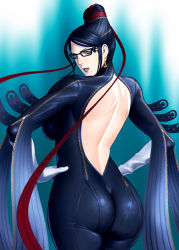  1girl ass back backless_outfit bad_id bad_pixiv_id bare_back bayonetta bayonetta_(series) bayonetta_1 black_eyes black_hair bodysuit breasts chain earrings elbow_gloves from_behind glasses gloves hair_bun hands_on_own_hips jewelry large_breasts lipstick long_hair looking_back makeup mole mole_under_mouth red_ribbon ribbon single_hair_bun skin_tight solo strap takasugi_kou very_long_hair  rating:Questionable score:93 user:salarta