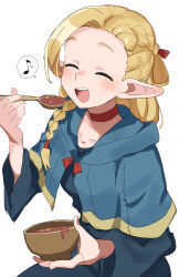  1girl ^_^ absurdres blonde_hair braid choker closed_eyes dungeon_meshi elf food gazacy_(dai) highres holding holding_spoon marcille_donato musical_note open_mouth pointy_ears red_choker simple_background single_braid solo spoken_musical_note spoon white_background 