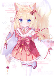  1girl :o ahoge animal_ears blonde_hair blue_eyes commission cowboy_shot d_omm detached_sleeves fox_ears fox_girl fox_shadow_puppet fox_tail hair_ornament highres japanese_clothes leg_up long_hair nontraditional_miko open_mouth original red_footwear red_ribbon ribbon sandals skeb_commission tail thighhighs white_background white_thighhighs wide_sleeves x_hair_ornament 