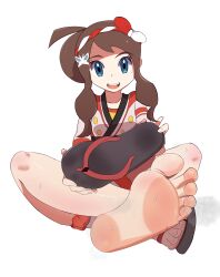  1girl blue_eyes breasts brown_hair clenched_hands collarbone creatures_(company) eyelashes facing_viewer feet fingernails foot_focus foot_worship full_body game_freak geta hair_ornament happy hatty_penguin highres hilda_(pokemon) hilda_(summer_2022)_(pokemon) holding holding_clothes holding_footwear indian_style japanese_clothes legs long_hair looking_at_viewer neck nintendo official_alternate_costume official_alternate_hairstyle open_mouth pokemon pokemon_masters_ex presenting sandals short_shorts short_sleeves shorts sidelocks simple_background sitting small_breasts smile soles summer_festival sweat sweatdrop thighs toenails toes traditional_clothes unworn_sandals wavy_hair white_background 