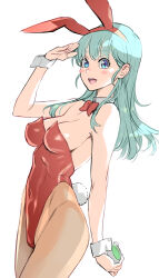  1girl alternate_color alternate_costume animal_ears aqua_hair blue_eyes bow bowtie breasts brown_pantyhose bulma commentary covered_navel curvy detached_collar dragon_ball dragon_ball_(classic) dragon_radar fake_animal_ears highleg highleg_leotard highres leotard medium_breasts official_alternate_costume pantyhose playboy_bunny rabbit_ears rabbit_tail red_bow red_bowtie red_leotard salute satou_shouji simple_background solo strapless strapless_leotard tail thong_leotard toriyama_akira_(character) white_background wide_hips wrist_cuffs 