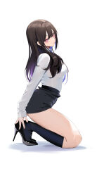  1girl absurdres black_footwear black_hair high_heels highres long_hair looking_at_viewer original patent_heels pink_eyes pumps see-through shirt shoes short_shorts shorts solo spider_apple stiletto_heels straight_hair white_background white_shirt  rating:Sensitive score:29 user:buster2222