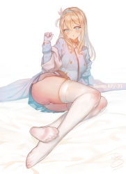 1girl arm_up ass bad_id bad_pixiv_id bed bed_sheet blue_eyes blue_hairband blue_jacket blush breasts character_name commentary feet female_focus full_body girls&#039;_frontline hair_between_eyes hair_bun hair_ornament hairband jacket lips looking_at_viewer lying medium_breasts miniskirt no_shoes on_side one_side_up open_mouth panties see-through shiny_clothes shiny_skin side_bun sidelocks simple_background single_side_bun skindentation skirt snowflake_hair_ornament soles solo striped_clothes striped_skirt suerte suomi_(girls&#039;_frontline) symbol-only_commentary thighhighs thighs toes underwear vertical-striped_clothes vertical-striped_skirt white_panties white_thighhighs rating:Sensitive score:82 user:danbooru