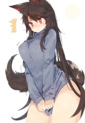  1girl animal_ears bad_id bad_pixiv_id bare_legs blush bottomless breasts brown_hair clothes_tug covered_erect_nipples covering_privates covering_crotch cowboy_shot imaizumi_kagerou large_breasts long_hair long_sleeves naked_sweater no_pants red_eyes ribbed_sweater sidelocks simple_background solo standing suminagashi sweater sweater_tug swept_bangs tail touhou very_long_hair white_background wolf_ears wolf_tail  rating:Sensitive score:45 user:danbooru