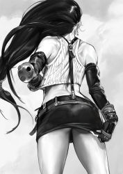  1girl ass back crop_top cropped_legs earrings elbow_gloves elbow_pads final_fantasy final_fantasy_vii fingerless_gloves from_behind gloves greyscale highres jewelry long_hair lorenz_nuti low-tied_long_hair miniskirt monochrome skirt skirt_tug solo standing suspenders tank_top tifa_lockhart upskirt very_long_hair 