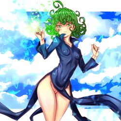 1girl black_dress breasts cleft_of_venus closed_mouth covered_navel curly_hair dress covered_erect_nipples green_eyes green_hair long_hair nike_(0306) no_panties one-punch_man pussy short_hair side_slit small_breasts standing tatsumaki uncensored rating:Explicit score:47 user:danbooru