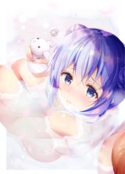 1girl bathing blue_eyes blue_hair blush closed_mouth commentary_request from_above gochuumon_wa_usagi_desu_ka? hair_between_eyes highres kafuu_chino light_blue_hair long_hair looking_at_viewer nose_blush nude partially_submerged petals rabbit rouka_(akatyann) solo squiggle water wet  rating:Questionable score:6 user:danbooru