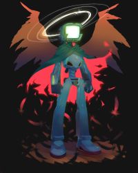  00s absurdres bad_id bad_pixiv_id canti cape feathers flcl halo highres humanoid_robot kotobukidaifuku no_humans non-humanoid_robot robot solo television wings  rating:Sensitive score:19 user:anime_joe