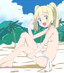  1girl alternate_hairstyle barefoot beach blonde_hair blue_sky blunt_bangs blush braid breasts cloud creatures_(company) day feet female_focus game_freak green_eyes lillie_(pokemon) nintendo outdoors pokemon pokemon_sm sideboob sincos sky small_breasts smile solo swimsuit toes twintails  rating:Questionable score:150 user:danbooru