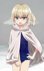 1girl absurdres blonde_hair blue_eyes blue_one-piece_swimsuit blush breath cape commentary cowboy_shot fang frown fur-trimmed_cape fur_trim girls_und_panzer grey_background hand_on_own_hip highres katyusha_(girls_und_panzer) kosuda looking_at_viewer old_school_swimsuit one-piece_swimsuit open_mouth school_swimsuit short_hair solo standing swimsuit v-shaped_eyebrows white_cape rating:Sensitive score:21 user:danbooru