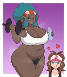 2girls blue_eyes blue_hair border bottle bottomless breasts brown_hair citrus_doodles cleavage cleft_of_venus creatures_(company) dark-skinned_female dark_skin drink dumbbell exercising game_freak hat headband heart highres hilda_(pokemon) holding holding_bottle holding_drink large_breasts lenora_(pokemon) licking_lips mature_female multiple_girls navel nintendo outside_border plump pokemon pokemon_bw pubic_hair purple_background simple_background smile sports_bra standing steam sweat thick_thighs thighs tongue tongue_out very_dark_skin water_bottle weightlifting white_border wide_hips rating:Questionable score:217 user:ImWastingMyLife
