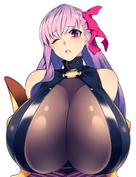 1girl bare_shoulders bodysuit bow breasts fate/grand_order fate_(series) gigantic_breasts hair_bow hair_ribbon highres hz_(666v) long_hair looking_at_viewer o-ring o-ring_top one_eye_closed parted_lips passionlip_(fate) pink_eyes purple_hair ribbon simple_background solo upper_body white_background rating:Sensitive score:102 user:danbooru