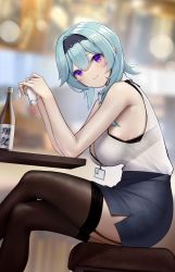  1girl absurdres bare_arms black_bra black_hairband blouse blue_hair blue_skirt blurry blurry_background blush bottle bra bra_visible_through_clothes bralines breasts brown_thighhighs chair closed_mouth commentary_request contemporary crossed_legs cup drink duplicate eula_(genshin_impact) feet_out_of_frame floral_print from_side garter_straps genshin_impact hair_between_eyes hairband highres holding holding_cup id_card lanyard large_breasts leaning_forward long_hair looking_at_viewer looking_to_the_side miniskirt name_tag office_lady pencil_skirt pixel-perfect_duplicate purple_eyes see-through see-through_shirt shirt shirt_tucked_in short_hair side_slit sitting skirt sleeveless sleeveless_shirt smile solo table terebi_(shimizu1996) thighhighs underwear white_shirt  rating:Sensitive score:64 user:danbooru