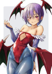  .sin 1girl :p absurdres animal_print bare_shoulders bat_print blue_pantyhose breasts bridal_gauntlets collarbone cowboy_shot demon_wings h head_wings highres impossible_clothes impossible_leotard leotard lilith_aensland looking_at_viewer navel off-shoulder_leotard pantyhose purple_hair red_eyes red_leotard short_hair small_breasts smile solo thighs tongue tongue_out vampire_(game) wings 