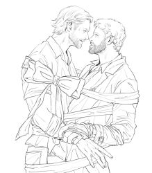  2boys angel beard beard_stubble bound_together castiel coat couple cowboy_shot daitaikueru dean_winchester eye_contact face-to-face facial_hair from_side full_beard highres lineart looking_at_another male_focus mature_male multiple_boys ribbon short_hair simple_background stubble supernatural_(tv_series) trench_coat yaoi 