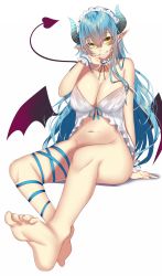  1girl barefoot blue_hair bottomless breasts cleavage collarbone demon_girl demon_horns demon_tail demon_wings feet grin highres horns large_breasts long_hair looking_at_viewer maid_headdress navel onineko-chan pointy_ears ribbon sitting smile solo stomach tail wings wrist_cuffs yellow_eyes  rating:Explicit score:19 user:douglas456