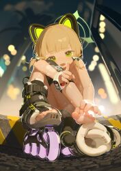  1girl absurdres animal_ears artist_name barefoot blonde_hair blue_archive blunt_bangs blurry blurry_background bow cat_ears cat_tail censored censored_nipples fake_animal_ears feet female_focus full_body green_bow green_eyes green_halo hair_bow halo highres knees_together_feet_apart knees_up loli looking_at_viewer lower_teeth_only midori_(blue_archive) novelty_censor nude on_ground open_mouth outdoors roller_skates see-through_footwear short_twintails single_roller_skate sitting skates smell solo spread_toes steaming_body sweatdrop tail tail_censor teeth tianliang_duohe_fangdongye toeless_footwear toenails toes twintails watch wristwatch  rating:Questionable score:123 user:danbooru
