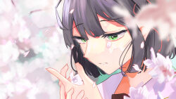  1girl absurdres black_hair blunt_bangs blunt_ends blurry blurry_background blurry_foreground brown_dress cherry_blossoms close-up commentary dress flower flower_knot green_eyes hair_flower hair_ornament half-closed_eyes hana_wo_utau_(vocaloid) hashtag-only_commentary hasu_no_sora_school_uniform head_down highres holding holding_flower link!_like!_love_live! looking_down love_live! momose_ginko natsumiya_kuina parted_lips sailor_collar school_uniform short_hair solo virtual_youtuber white_sailor_collar winter_uniform 