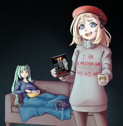  2girls beret blanket blonde_hair blue_eyes breasts couch cup die_hard dinergate_(girls&#039;_frontline) eating food girls&#039;_frontline green_eyes green_hair hair_ribbon hat highres holding holding_cup john_mcclane large_breasts long_hair looking_at_viewer lying micro_uzi_(girls&#039;_frontline) mp5_(girls&#039;_frontline) multiple_girls open_mouth pantyhose popcorn ribbon short_hair simple_background small_breasts smile standing the_sourkraut turtleneck twintails 