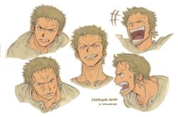  1boy :d anger_vein cropped_shoulders earrings expressions frown green_hair highres jewelry laughing looking_ahead male_focus one_piece open_mouth profile roronoa_zoro serious short_hair single_earring smile smirk sweatdrop veiny_face yayarunaway 