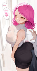  1boy 1girl artist_name ass bare_shoulders blush bra bra_visible_through_clothes breasts bulge bulge_press bulge_to_ass chijo dry_humping eden_(shiroki_yuutsu) erection erection_under_clothes forehead hetero highres huge_ass humping large_breasts medium_hair original pantylines parted_hair pink_hair see-through smile solo_focus thighs underwear vanilla_(eden_(shiroki_yuutsu)) yellow_eyes 