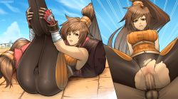 1boy 1girl brown_eyes brown_hair cameltoe censored clothed_sex dnf_duel dungeon_and_fighter erodrunky fighter_(dungeon_and_fighter) highres long_hair multiple_views no_panties penis ponytail pussy sex solo_focus spread_legs striker_(dungeon_and_fighter) torn_clothes vaginal rating:Explicit score:102 user:Yavie