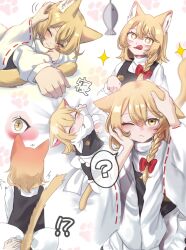  +_+ 2girls :q ? animal_ear_fluff animal_ears apron black_vest blonde_hair blush bow braid cat_ears cat_tail closed_eyes commentary_request fish hair_bow hakurei_reimu hand_on_another&#039;s_head highres karasu2020_8 kemonomimi_mode kirisame_marisa long_sleeves looking_at_viewer multiple_girls multiple_views one_eye_closed paw_pose red_bow ribbon-trimmed_sleeves ribbon_trim side_braid single_braid spoken_question_mark surprised tail tongue tongue_out touhou vest white_apron wide_sleeves yellow_eyes 