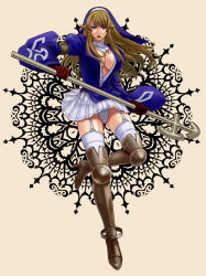 10s 1girl armor blue_eyes breasts brown_hair cleavage eleventh large_breasts long_hair mole nun panties queen&#039;s_blade queen&#039;s_blade_rebellion sigui_(queen&#039;s_blade) solo underwear warrior weapon white_panties rating:Sensitive score:23 user:Cosby_