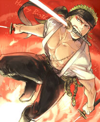  1boy eyeshadow fighting_stance fire from_above green_hair headband holding holding_sword holding_weapon maji_(m) makeup male_focus midair one_piece open_clothes pants pectoral_cleavage pectorals red_eyeshadow roronoa_zoro shoes short_hair solo sword triple_wielding weapon 