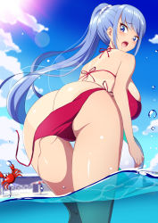 1girl :o absurdres ass ass_focus back bare_arms bare_legs bikini blue_eyes blue_hair blue_sky blush breasts butt_crack cloud crab day embarrassed eyelashes feet_out_of_frame from_behind from_below highres large_breasts leaning_forward long_hair looking_back mole mole_under_eye open_mouth original partially_submerged ponytail red_bikini sakamata_(sakamata4) scrunchie sideboob sky solo standing sunlight swept_bangs swimsuit tan tanline thighs untied_bikini wardrobe_malfunction water white_scrunchie rating:Sensitive score:66 user:Sir_Cumalot