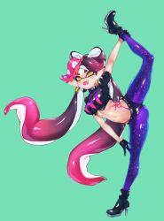 1girl black_gloves boots callie_(splatoon) crop_top earrings fangs food food_on_head gloves gluteal_fold hair_ornament high_heel_boots high_heels highres inkling jewelry jtveemo leg_lift leg_up long_hair looking_at_viewer navel nintendo object_on_head open_mouth pantyhose pantyhose_under_shorts pointy_ears puffy_short_sleeves puffy_sleeves purple_hair purple_pantyhose short_shorts short_sleeves shorts simple_background smile solo splatoon_(series) splatoon_2 standing standing_on_one_leg stomach symbol-shaped_pupils tattoo thong very_long_hair yellow_eyes rating:Sensitive score:61 user:danbooru